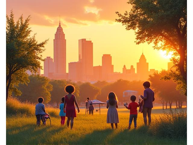 Iconic Austin skyline at golden hour with children playing in foreground