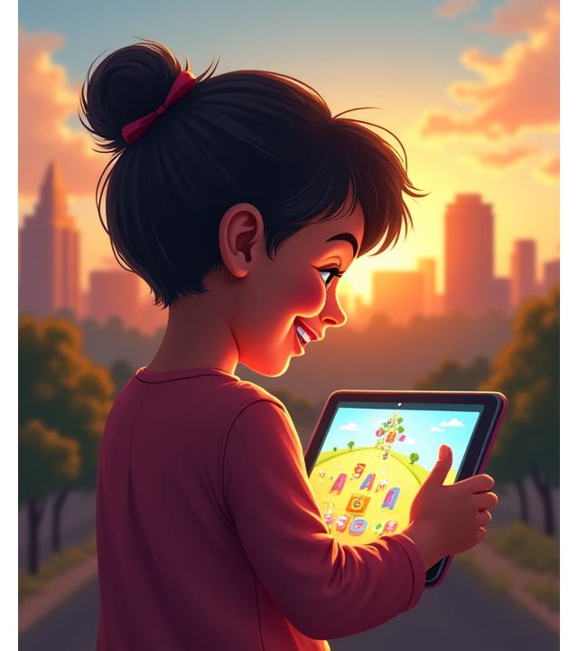Child playing cheerfully on a tablet with FeatherPaw Games, Austin city skyline in background