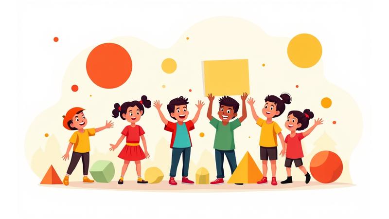 Illustration of child playing with colorful blocks, abstract shapes representing learning concepts