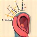 An ear with musical notes and sound waves, illustrating auditory learning