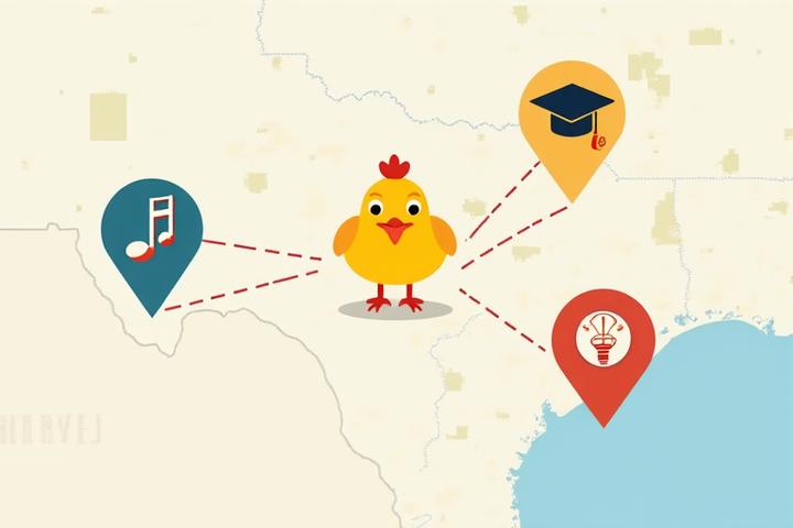 Stylized map of Austin, Texas, with icons representing creative hubs, music venues, and university symbols, highlighting collaboration