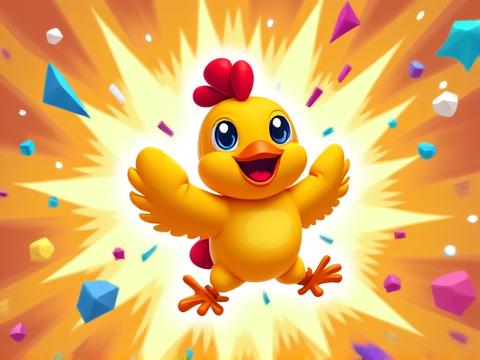 Vibrant celebration animation with stars, confetti, and a happy chicken, reinforcing positive achievement