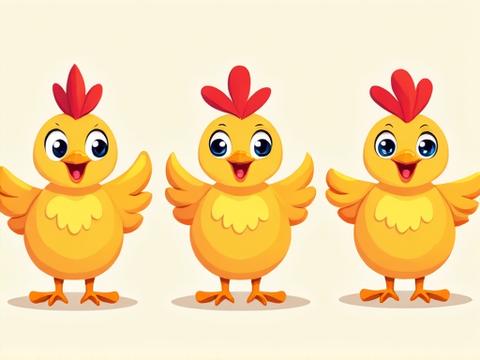 Animated chicken character expressing joy, curiosity, and surprise through dynamic poses