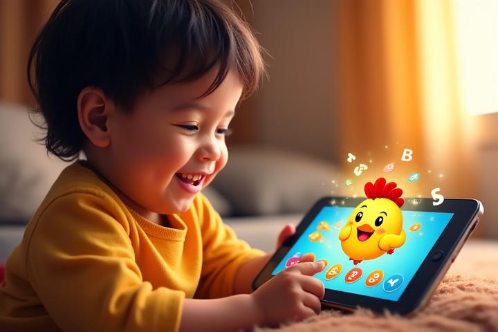 Child playing an interactive mobile game with a happy animated chicken character with vibrant colors and joyful expression, sound waves illustration