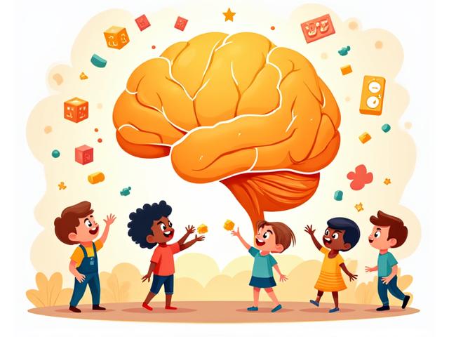 Vibrant, abstract illustration of a child's brain development with glowing neural pathways and happy children playing around it, set against a background of bright, soft educational game elements.