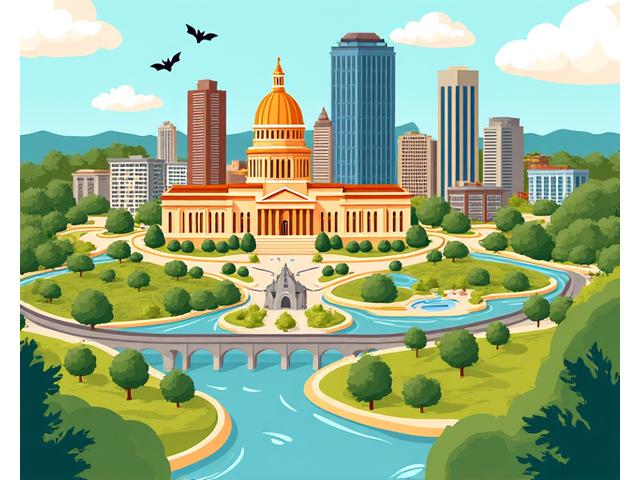 Stylized map illustration highlighting Austin, Texas, with a pin on FeatherPaw Games office location, surrounded by green parks and landmarks