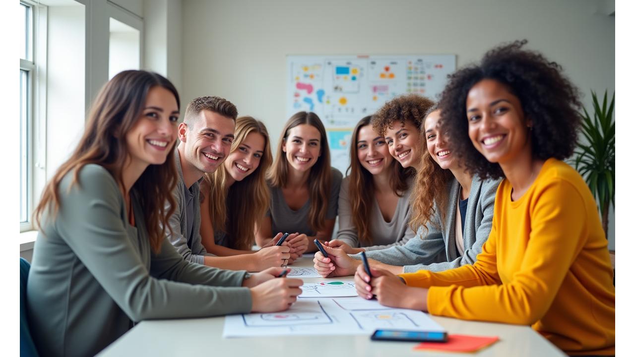 FeatherPaw Games team smiling and collaborating in a bright, modern office space, a diverse group of friendly individuals