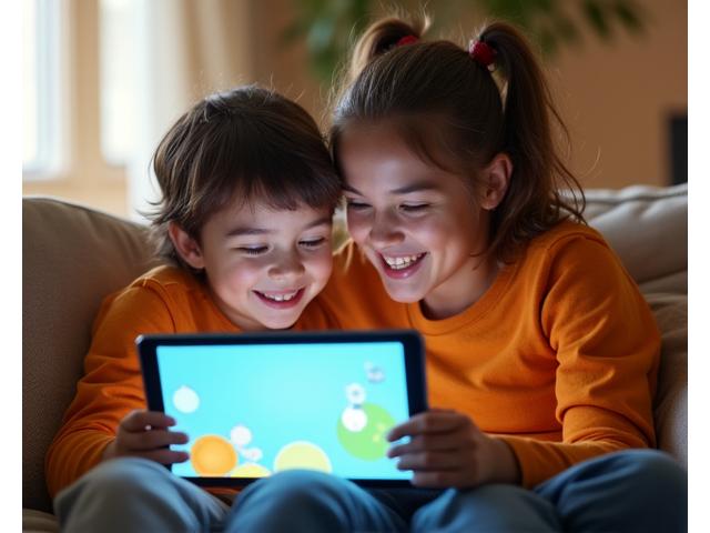 A parent and child happily playing an educational game on a tablet together, smiling and engaged, soft home environment