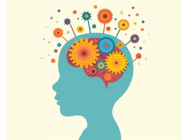 Illustration of gears turning inside a child's head, representing cognitive development from playful challenges.