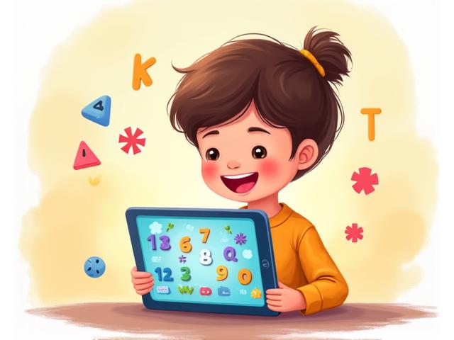 Child happily playing an educational game on a tablet, surrounded by colorful illustration of learning elements like letters and numbers.