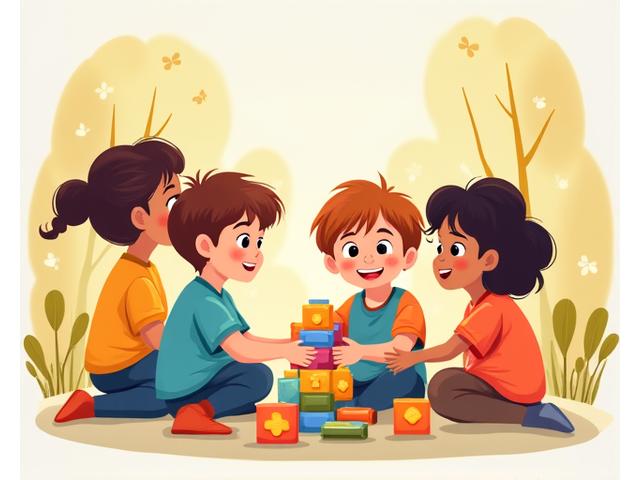 Illustration of happy diverse children sharing and cooperating in a playful setting.