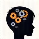 Child solving a puzzle, brain icon in background, symbolizing executive functions.