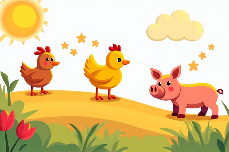 Interactive mobile game showing colorful farm animals, children learning primary colors and counting, playful and engaging design.