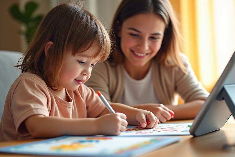Parent and child happily engaged in an offline activity, perhaps coloring or building, with digital device in background suggesting integration.