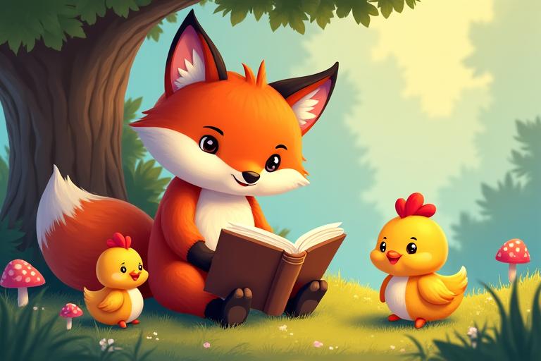 Cheerful fox character reading a storybook to a chicken and a bunny, vibrant illustration style.