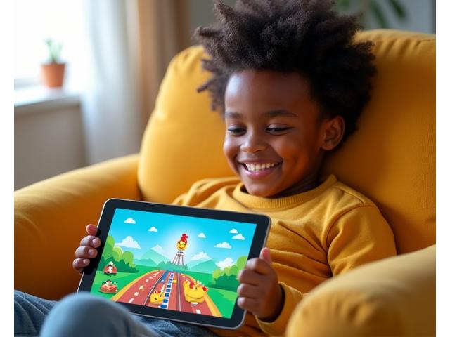 Happy child playing a mobile game with a chicken character, illustrating cognitive development.