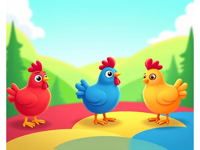 Dynamic game preview of chickens crossing a colorful road, highlighting color learning and counting gameplay