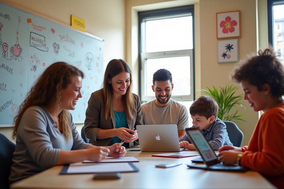 The FeatherPaw Games development team, a diverse group of friendly designers and educators, collaborating in a vibrant, child-friendly workspace in Austin.