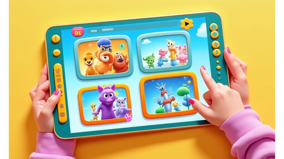 A collage of screenshots from various FeatherPaw Games, showing colorful characters and interactive elements on a tablet screen, indicating a game carousel.