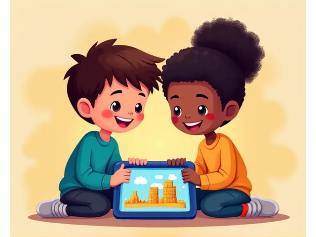 Two animated children characters sharing a tablet screen, indicating cooperative play.