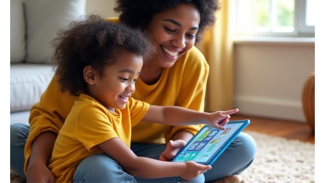 A smiling parent and child reviewing the game on a tablet.