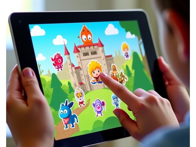 Child interacting with a story-building game characters.