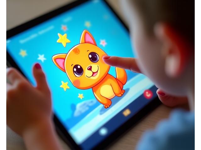 Child's hand interacting with a vibrant, playful animal character on a tablet screen, showing touch-responsive animation.