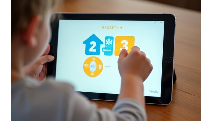 A child's finger pointing at a choice in a FeatherPaw Games app, demonstrating choice-based navigation and autonomy.