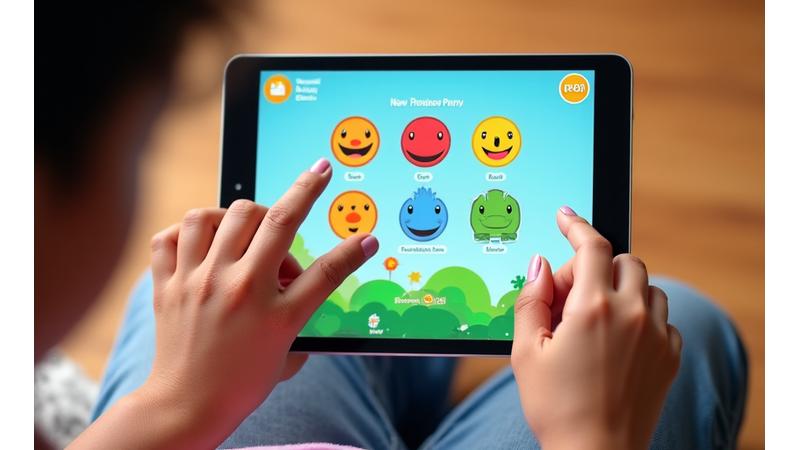 A child's hands interacting with a FeatherPaw Games Montessori app on a tablet, showcasing large, colorful buttons and an uncluttered interface.