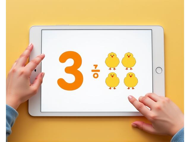 A child interacting with a counting game on a tablet, showing numerical symbols and corresponding objects.
