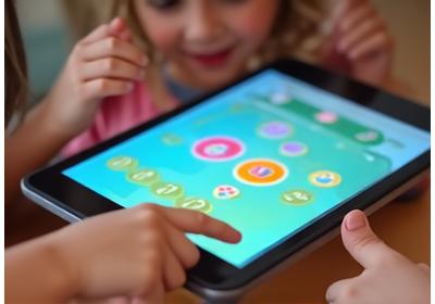 An older child gently guiding a younger child's hand on a tablet, illustrating mentorship within a FeatherPaw Games app.