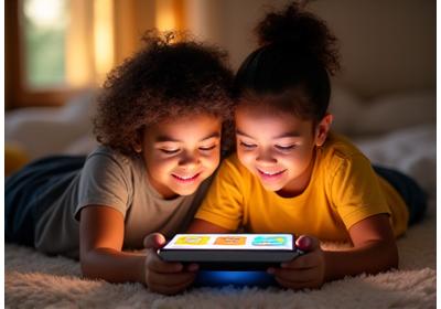 Two children, possibly siblings, sharing a tablet and engaging with a FeatherPaw Games app, demonstrating collaborative play.