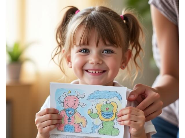 A child proudly showing a drawing or puzzle they completed, with a parent’s encouraging hand on their shoulder, celebrating their progress.