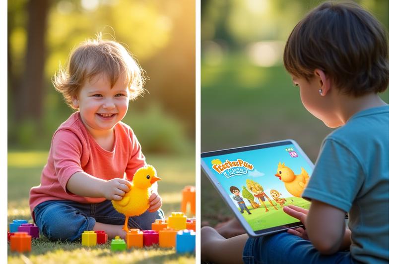 A child playing happily outdoors with natural elements, juxtaposed with a child engaged with a tablet, symbolizing a healthy balance between digital and physical play.