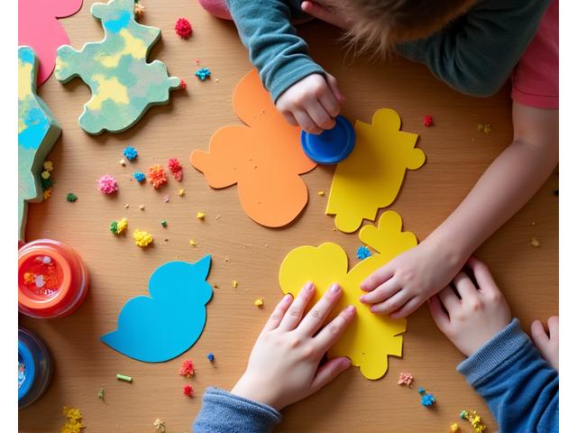 Children engaged in a joyful, hands-on craft activity with colorful paper and art supplies, extending their learning beyond the digital screen.