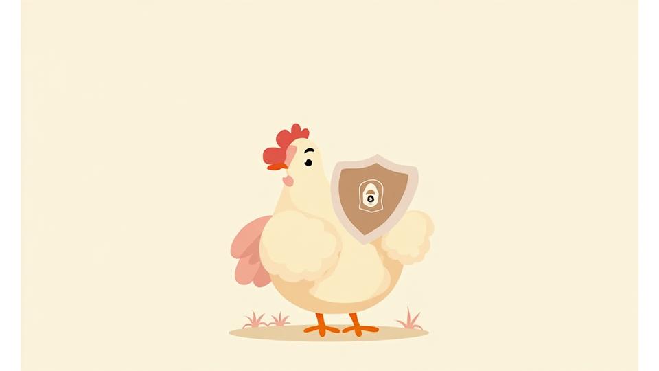 Friendly cartoon chicken holding a shield, symbolizing child protection and privacy