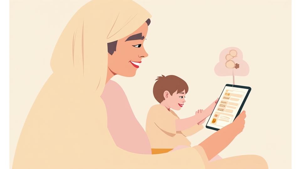 Caring parent and child characters interacting with a tablet, showing parental control features