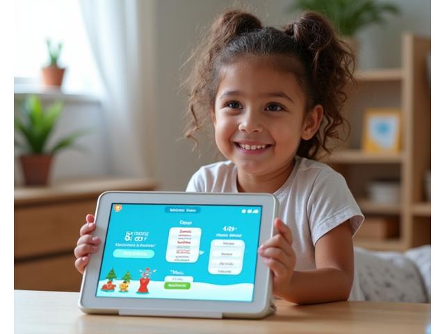 Child smiling in front of a tablet displaying a FeatherPaw game with visual schedule and progress bar, indicating structured and predictable learning.