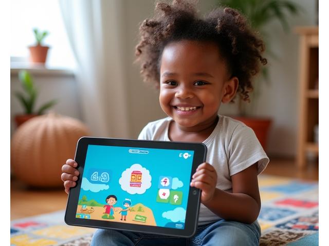Joyful child interacting with an adaptive game on a tablet, showcasing large, easy-to-tap elements and high contrast, surrounded by accessible learning tools.