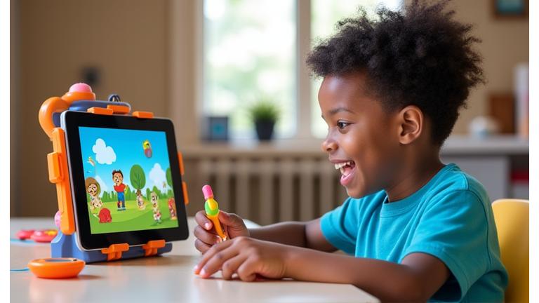 Young child using a large, simplified joystick controller to play a FeatherPaw game, demonstrating ease of use for motor challenges.