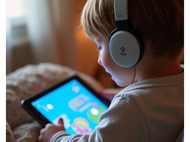 Child with headphones engaged in a game with visual sound indicators, calm expressions, indicating a sensory-friendly learning environment.