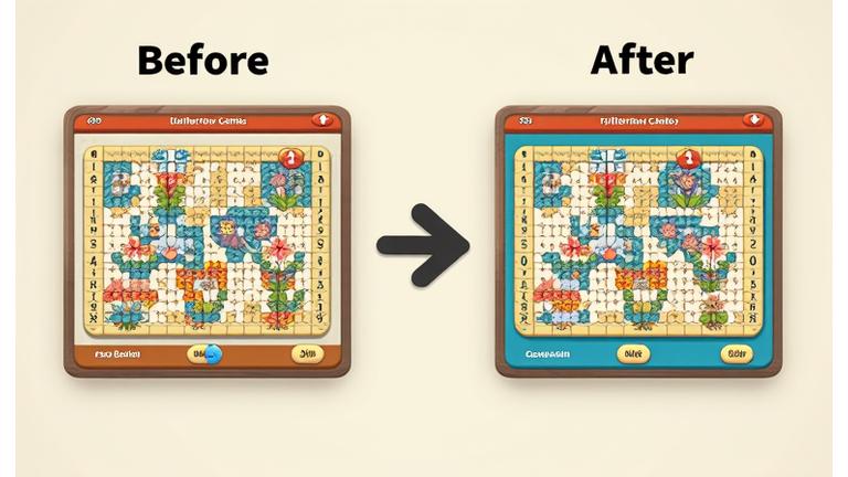 Split screen showing a game interface before and after applying high contrast and simplified visual settings, clearly demonstrating improved readability and reduced distraction.