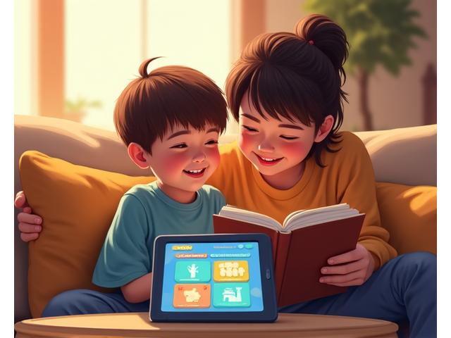 Parent and child happily reading a book together on a sofa, with a tablet showing a FeatherPaw Games app in the foreground, suggesting integrated learning.