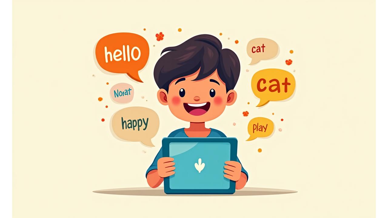 Illustration of a child happily speaking into a tablet interface, with speech bubbles showing word development and joyful expressions.