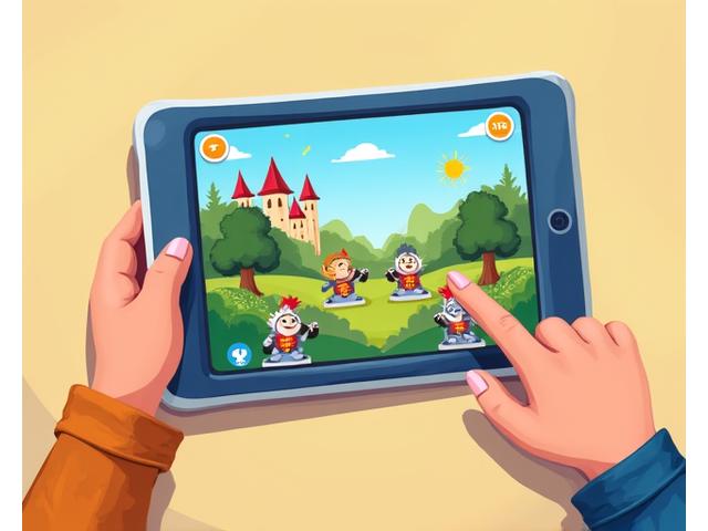 Child dragging and dropping animated characters and objects onto a scene on a tablet screen, creating a visual story, with microphone icon visible for narration.