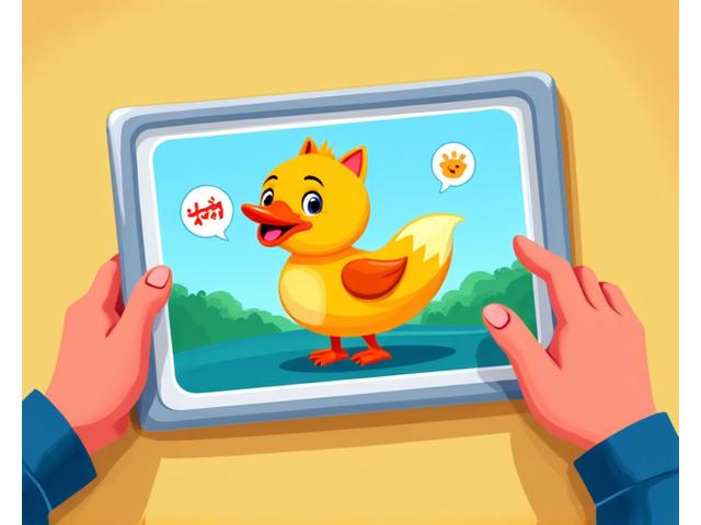 Child interacting with a tablet, showing a game where animals pronounces their names when tapped, with vibrant, playful graphics.