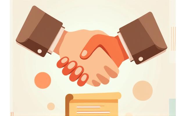 Two cartoon hands shaking over a stylized document, embodying agreement and resolution, in bright, friendly colors.