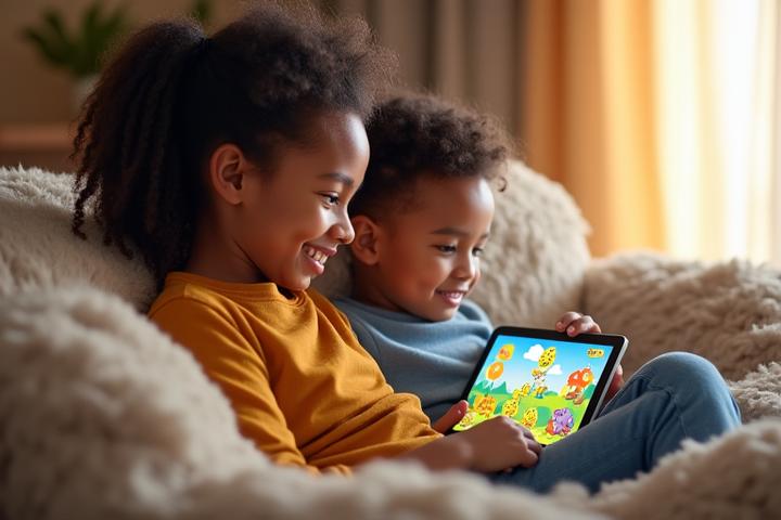 A family (parent and child) happily interacting with a tablet, showing a FeatherPaw Games app, signifying safe app usage and parental involvement.