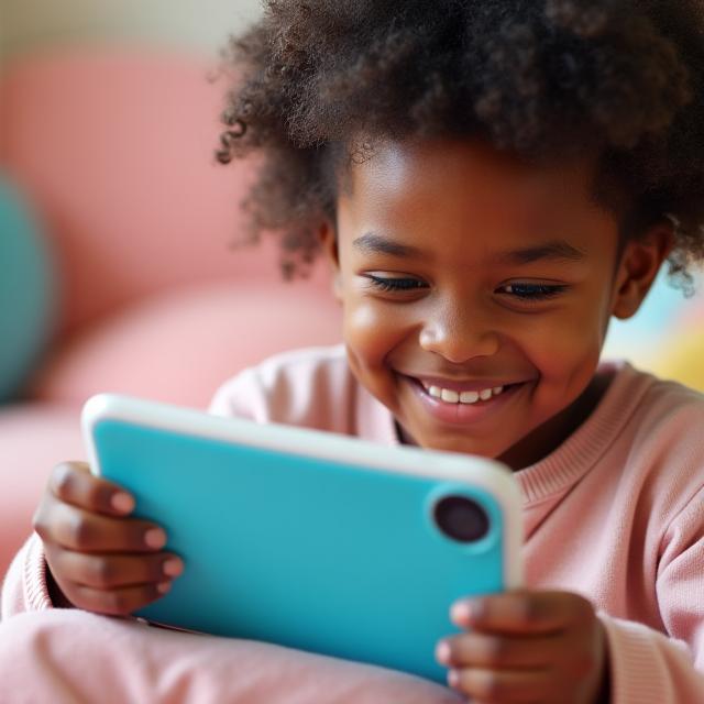 A happy child engaged with a FeatherPaw Games app on a device, with bright, soft colors suggesting a safe digital environment.